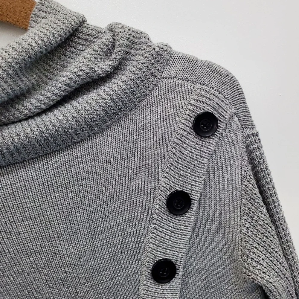 Womens Gray‎ Waffle Knit Cross Body Button Turtleneck Sweater Size S Long Sleeve